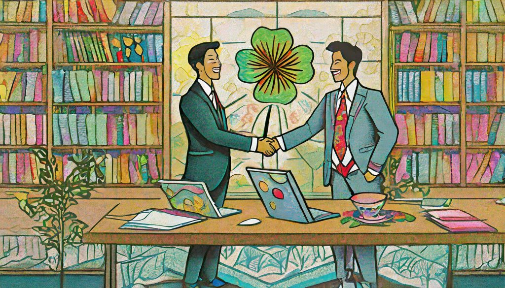 KI-Grafik: Zwei Geschäftsmänner in einem Büro, die sich die Hand geben